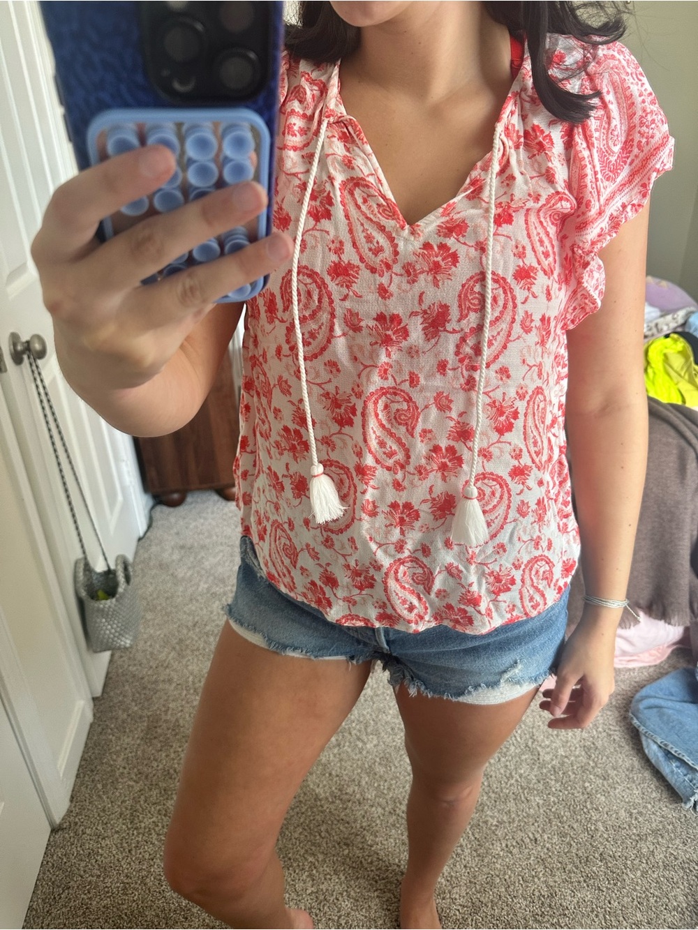 Lucky Brand White Top with Red Paisley Print and Tassel Ties